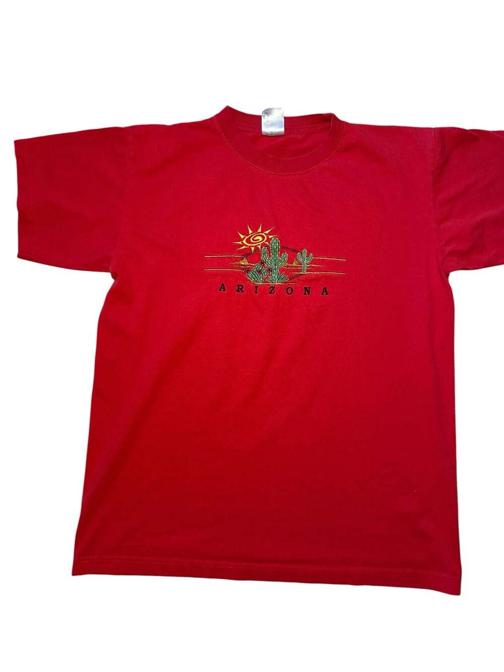Vintage Hanes Arizona Souvenir T-Shirt Red Embroidered Cactus Sun Graphic